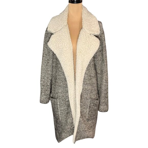 ZARA Aniston Knitted Coat Sz.S Gray Open Front Chunky Sherpa Collar Oversized - Picture 1 of 13